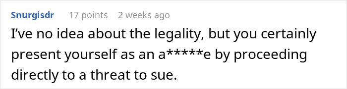 Comment discussing legality of trampoline damage and threat to sue.