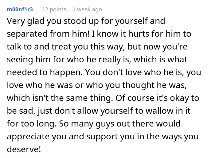 Text screenshot discussing a guy's true behavior in a painful relationship situation.