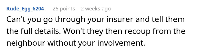 Text comment discussing insurance solutions for a neighbor's trampoline damage.