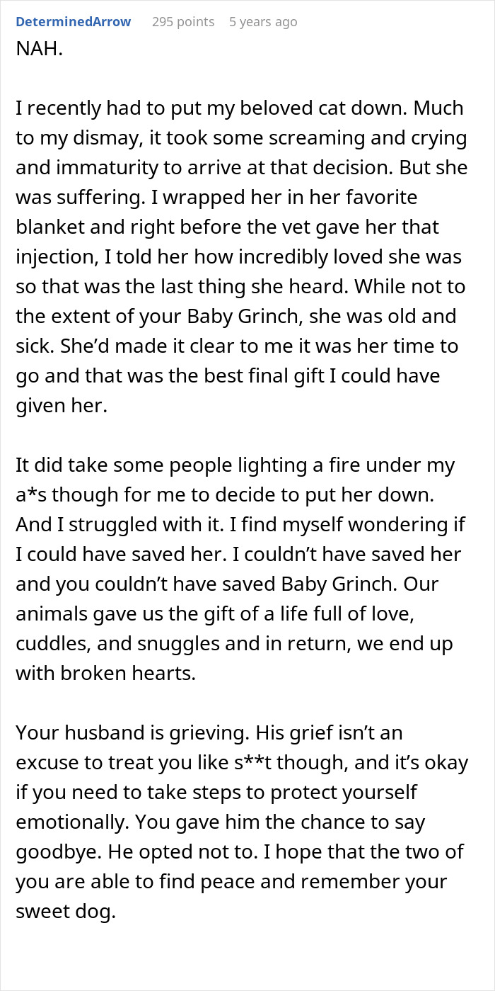 Discussion about a woman ending her dog's suffering and her husband's feelings of betrayal.