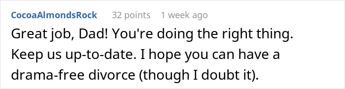 Comment about a dad defending bi daughter amid wife threatening divorce, highlighting family conflict and lifestyle embarrassment. Comment about a dad defending bi daughter amid wife threatening divorce, highlighting family conflict and lifestyle embarrassment.