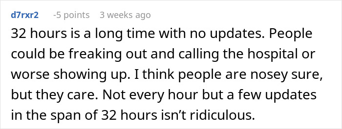 Comment on lack of updates during a 32-hour period, expressing concern about people being nosy but caring.