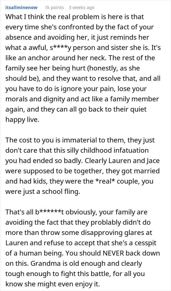 Text image discussing family tension after a man's death, centered on a woman's decision not to rekindle ties with her sister.