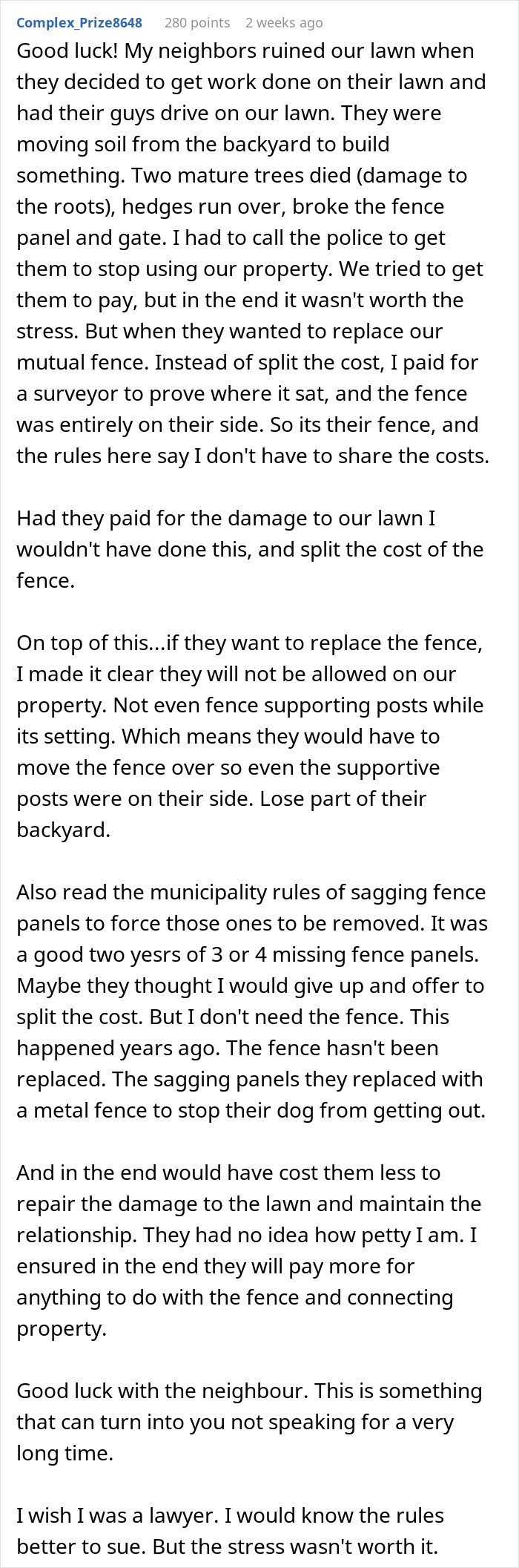 Reddit post about neighbor dispute over yard damage and repairs, highlighting unresolved trampoline damage issues.