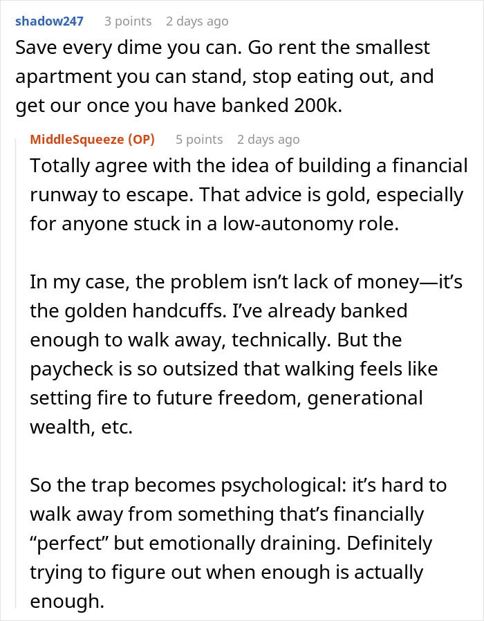 Discussion on financial freedom and emotional struggle with high income, highlighting golden handcuffs dilemma.