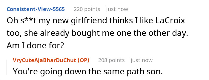Reddit comments joking about faked liking sparkling water in a relationship.