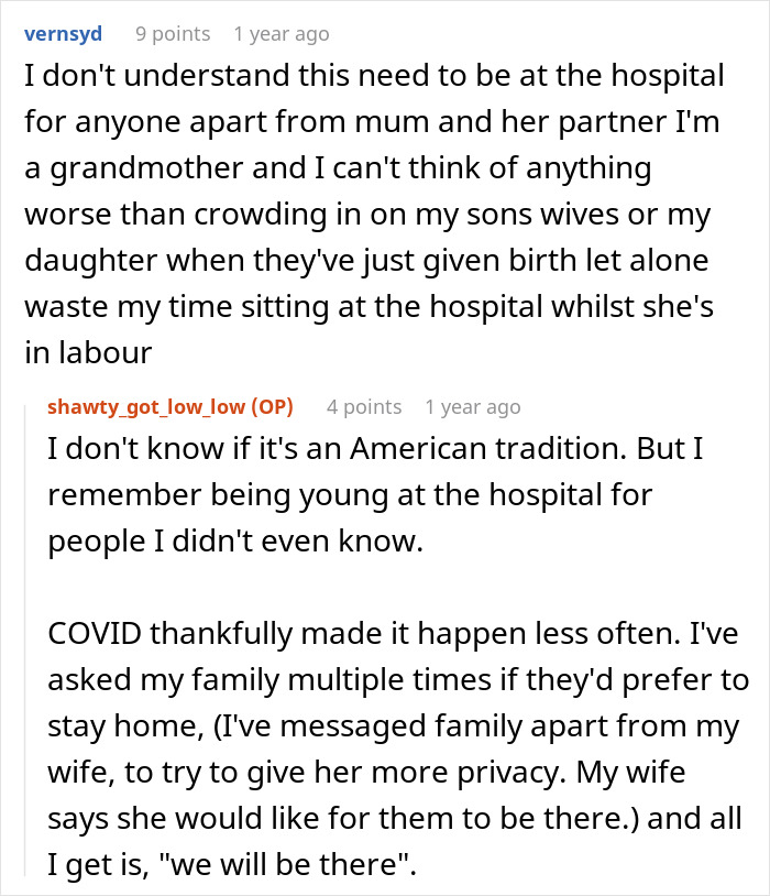Reddit users debate family presence during birth, focusing on hubby confronting fam over treatment of pregnant wife and birth bans.
