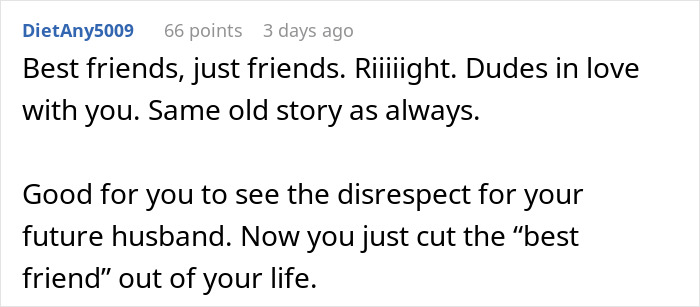 Text comment about a woman's best friend disrespecting her fianc&eacute; by cropping him out of an engagement photo.