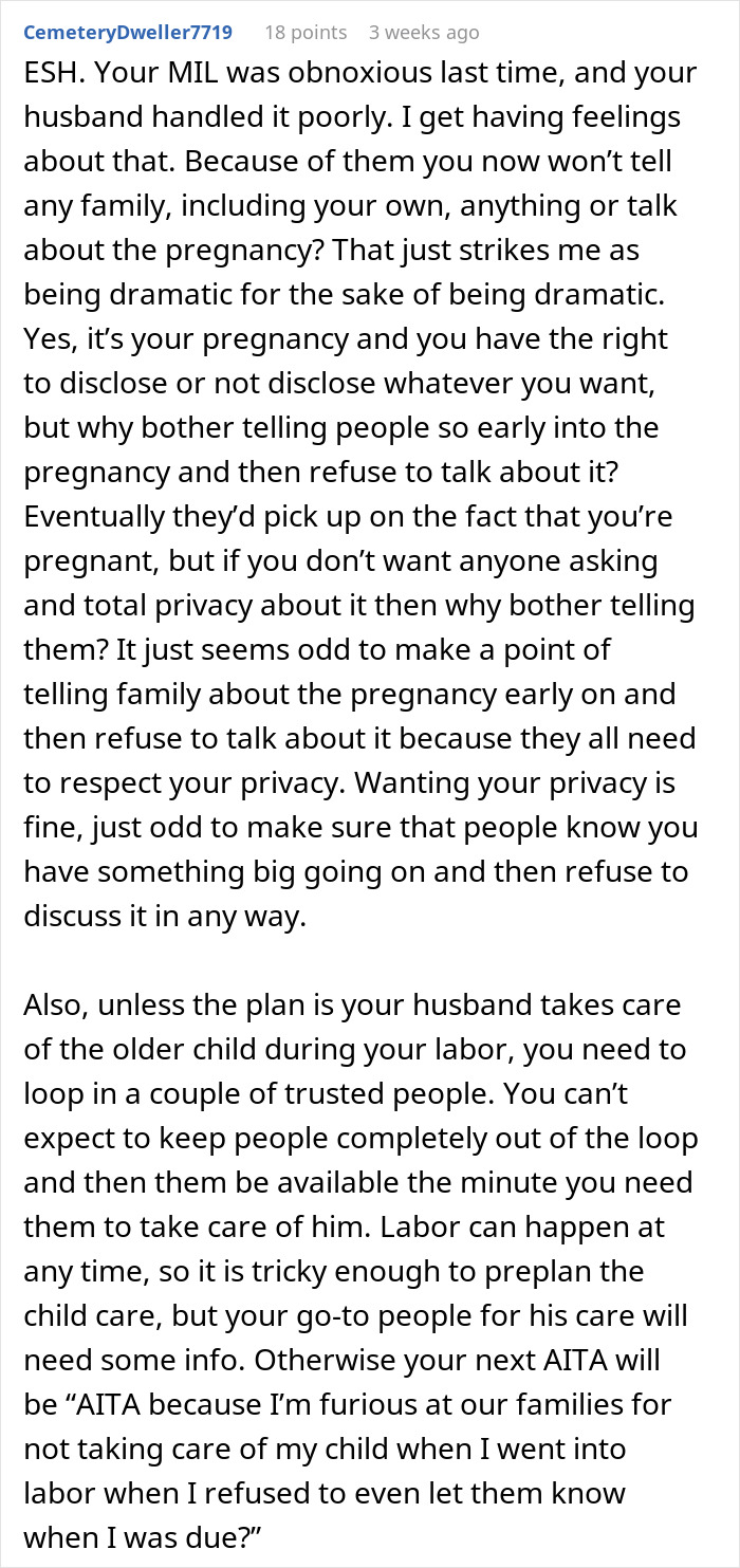 Woman considers keeping pregnancy news from MIL, seeking husband's attention.