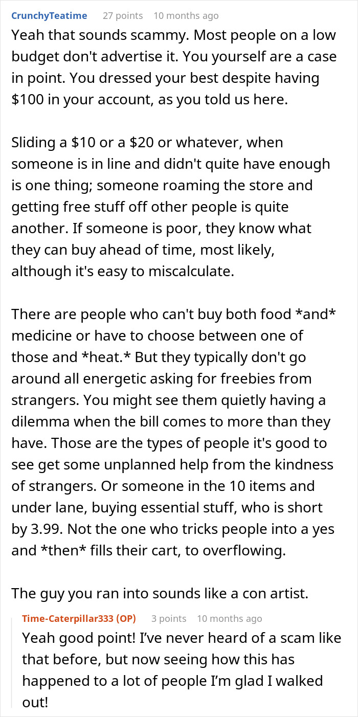 Man asking stranger to pay for groceries while loading up a cart with multiple items in a store aisle.