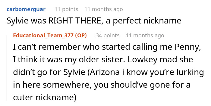 Comments discussing nickname related to secret name change.