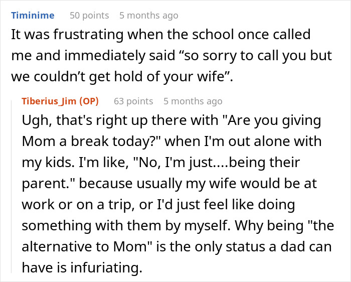 Reddit comments about stereotypical school calling mom for emergencies, ignoring dad's requests. Reddit comments about stereotypical school calling mom for emergencies, ignoring dad's requests.