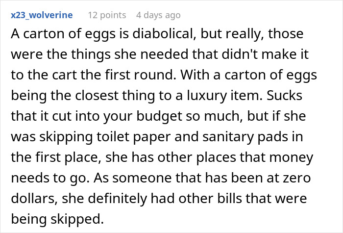Reddit comment on a financial struggle, highlighting difficulty affording basic items like eggs, leading to a charity event.