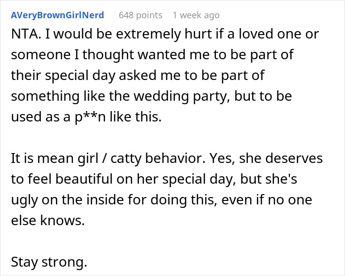 Online comment criticizing a bride for choosing bridesmaids perceived as "uglier" to boost confidence.