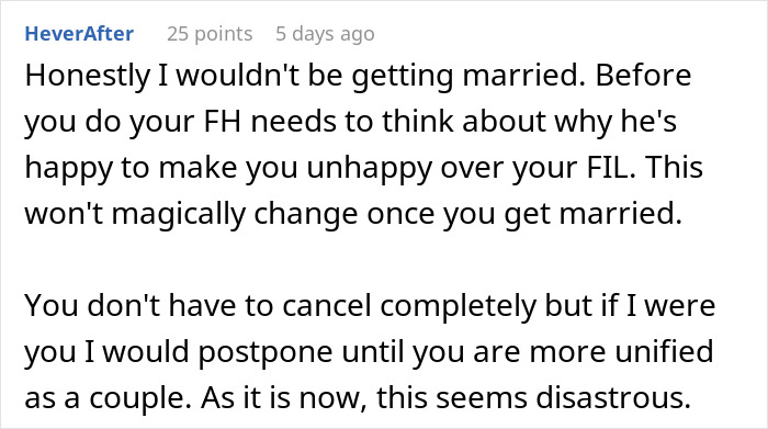 Reddit user comments about future father-in-law inviting guests to wedding, suggesting postponement to avoid disaster.