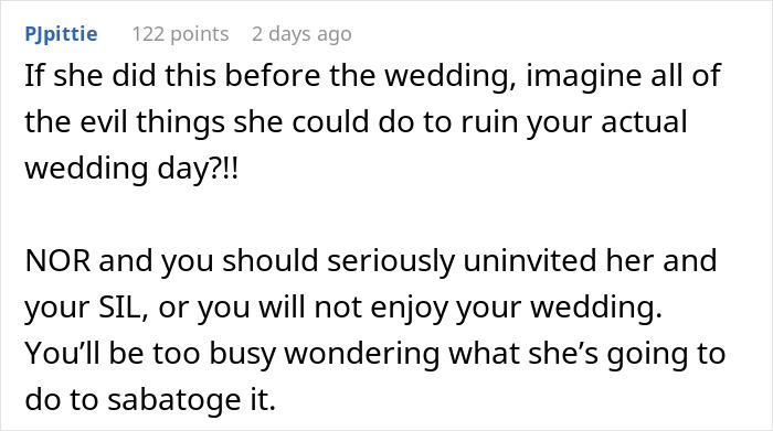 Comment discussing MIL's behavior impacting honeymoon plans and wedding enjoyment.