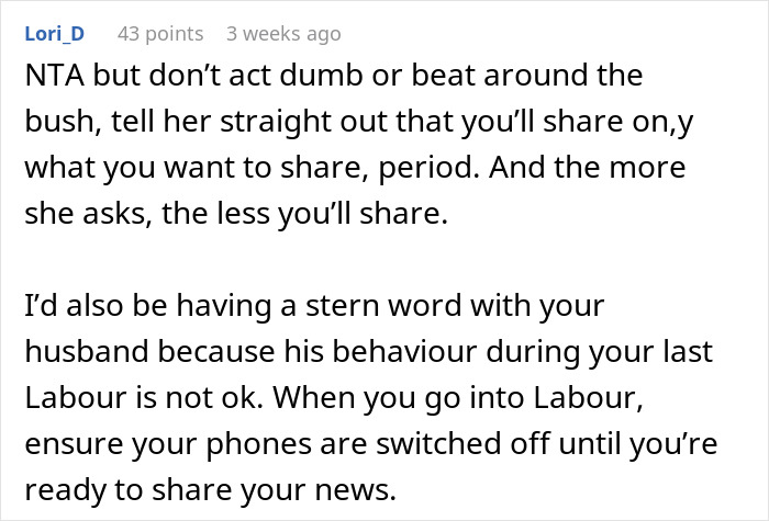 Text response on keeping pregnancy news private from MIL for husband's attention.