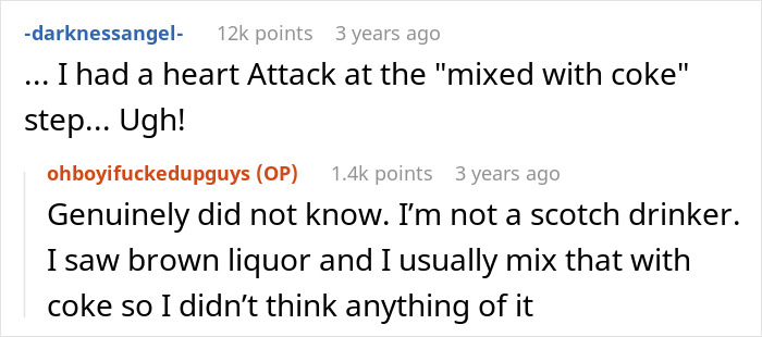 Reddit comments discussing a woman unknowingly drinking her boyfriend's expensive aged scotch, thinking it was regular liquor.