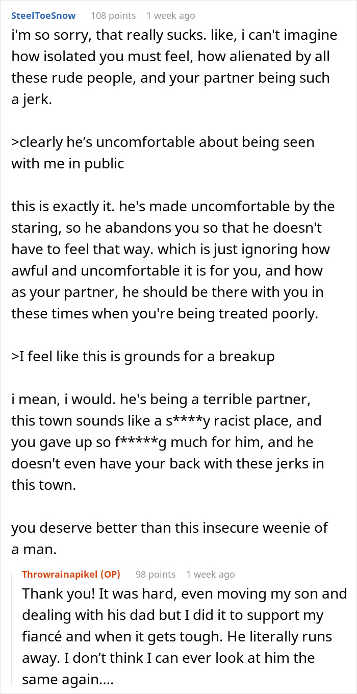 Reddit comments discussing partner's weird behavior, potential racial issues, and relationship difficulties.