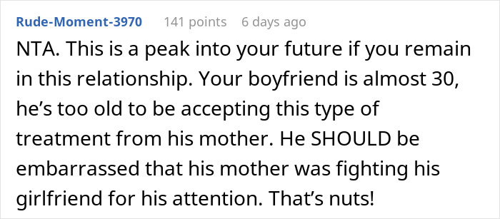 Screenshot of a Reddit comment discussing a couple breakup after the guy&rsquo;s mom jokingly steals girlfriend&rsquo;s seat.