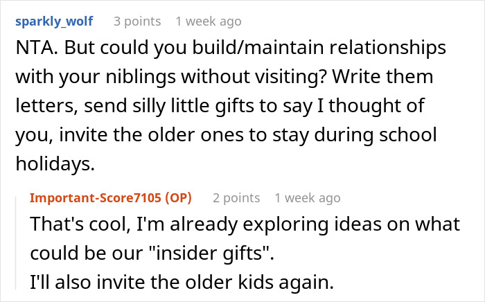 Discussion on maintaining relationships with siblings and nieces/nephews through gifts and invitations without visits.