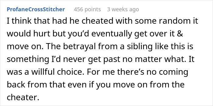 Text screenshot of a comment on betrayal after relationship issues with sister.