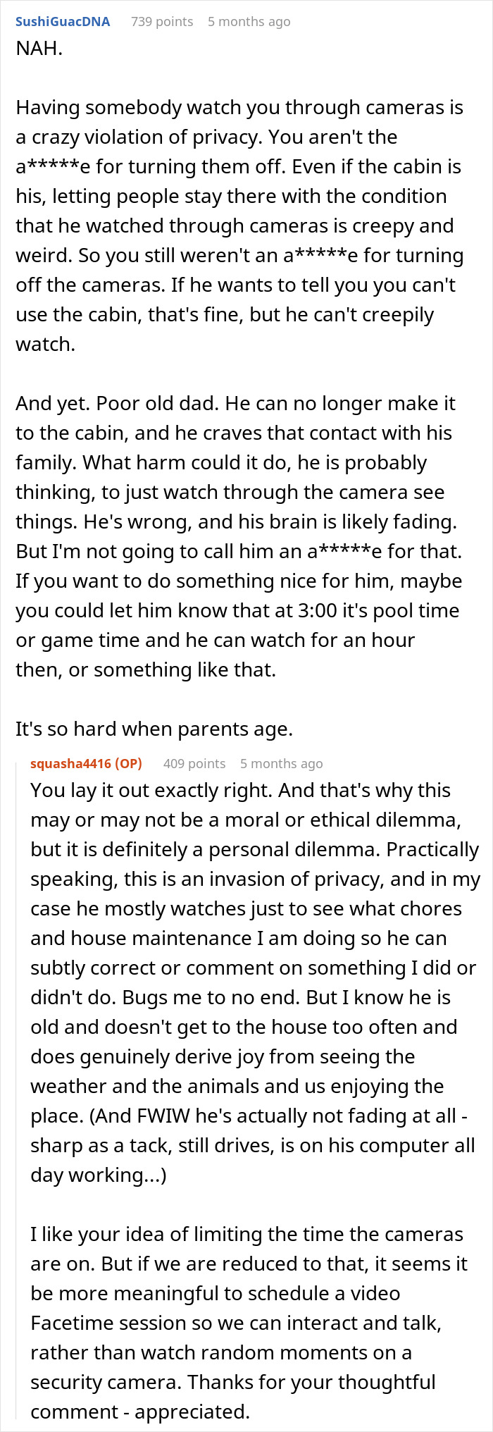 Reddit comments discussing privacy concerns with turning off vacation house security cameras.