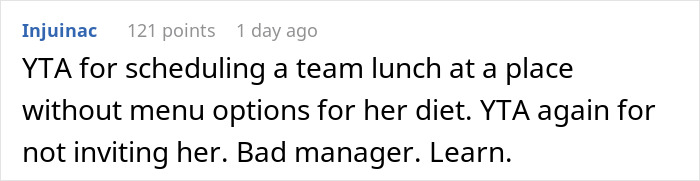 Comment criticizing manager for excluding coworker due to her diet at BBQ.