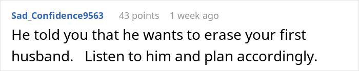 Online comment discussing the future wife's tattoo from her late husband.