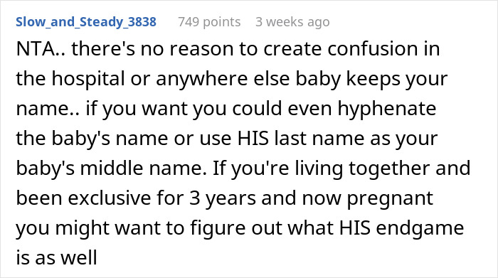 Comment discussing last name choice for baby, mentioning living together for three years and pregnancy context.