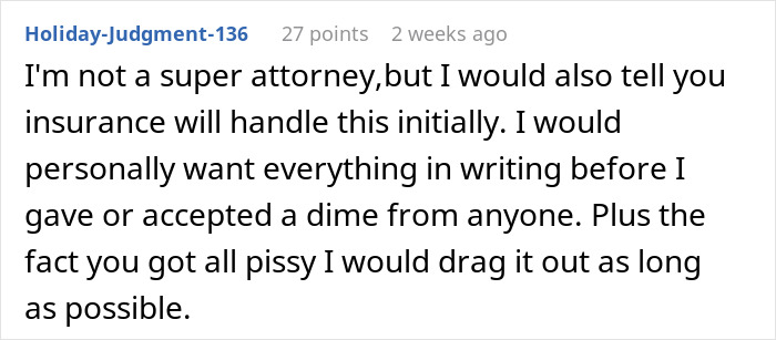 Reddit comment about a storm and trampoline damage, suggesting insurance involvement and documenting communication.