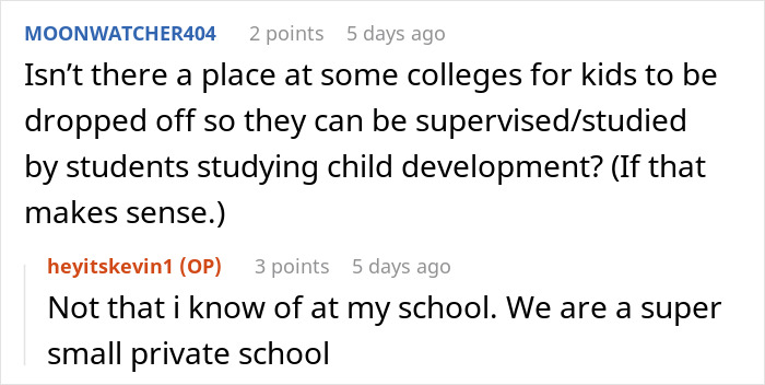 College discussion about childcare facilities in comments, with one mentioning a lack of supervision options.