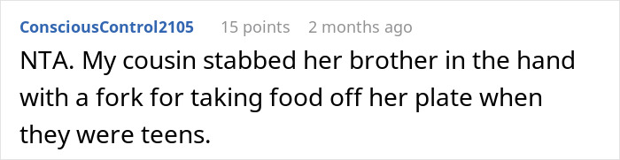 Reddit comment discussing a family incident over food involving siblings.