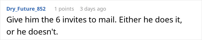 Comment discusses future father-in-law managing wedding invites, suggesting he sends 6 himself.