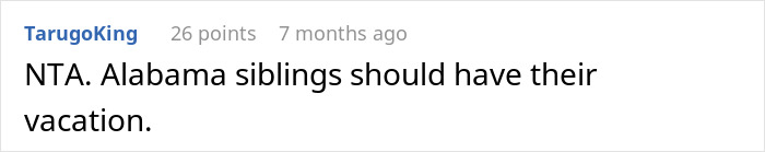 Comment discussing family vacation dynamics, 26 points, user TarugoKing.