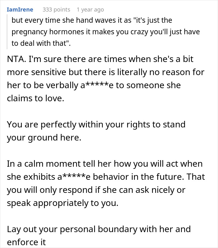 Text discussing the rights of a caring husband dealing with a verbally abusive pregnant wife.