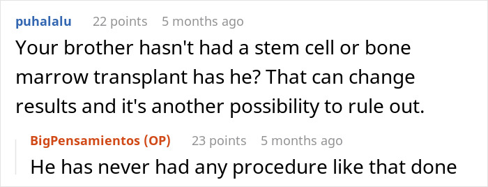 Discussion about family DNA results and medical procedures.