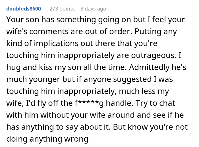 Reddit post discussing a teen boy seeking affection from his dad, user commenting on implications.