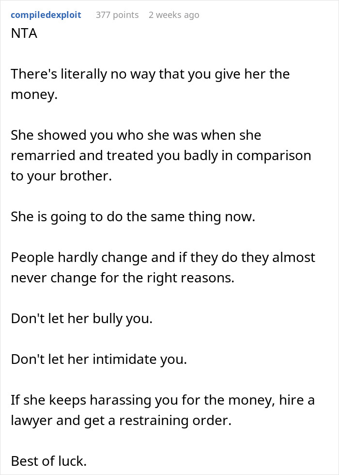 Reddit comment discussing money plans related to parents' apartment, advising legal action against harassment.