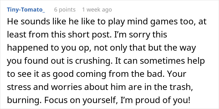 Reddit comment about coping after relationship issues discovered through a phone in ER.