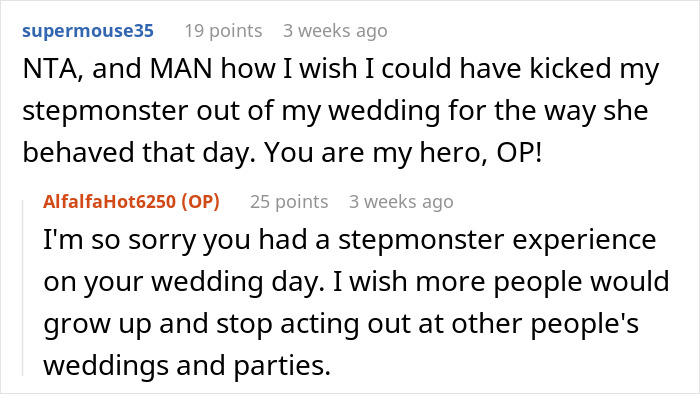 Conversation excerpt showing users discussing being upset with an excluded wedding stepmother-in-law and stepmonster behavior.