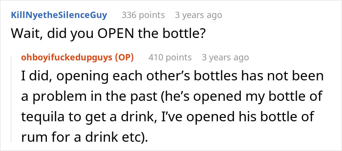 Reddit comments about opening a bottle of expensive aged scotch mistakenly, discussing the cost and usual practice.