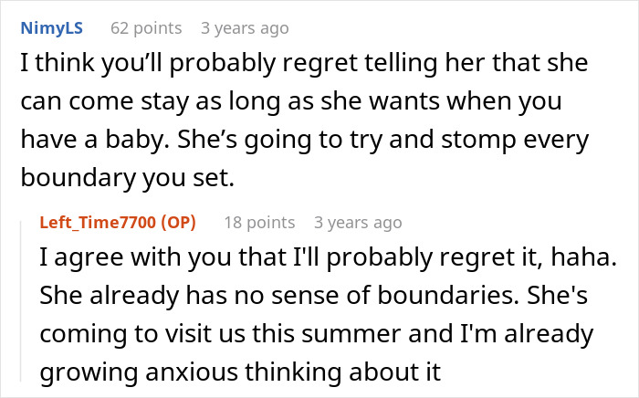 Image of a conversation where a woman expresses fear over MIL's baby comment and boundary issues.
