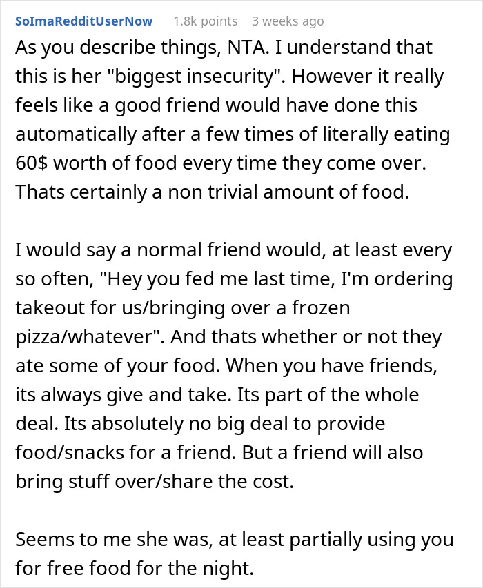 Reddit comment discussing woman confronting friend over eating $60 worth of groceries each visit.