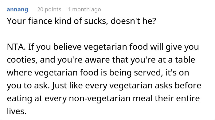 Comment discussing vegetarian food reactions, mentioning "fianc&eacute;e" and dining awareness responsibilities.