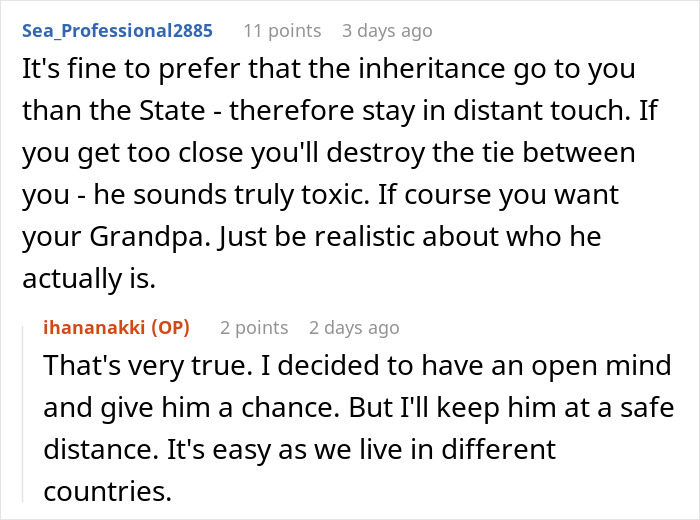 Comment discussion about staying distant from a long-lost grandfather to secure inheritance and manage toxic relationships.