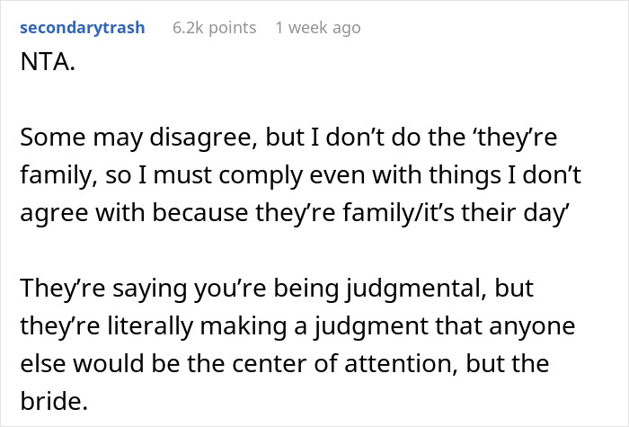 Text screenshot discussing judgment about bride's choice of bridesmaids.