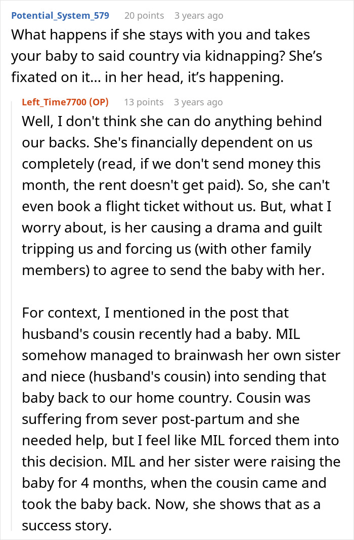 Conversation about MIL's unsettling baby comment, causing worry and fear.