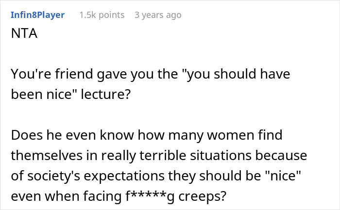 Reddit comment discussing societal expectations on women and the "be nice" lecture.