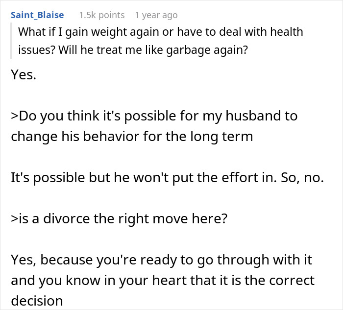 Reddit advice on divorce: Wife questions husband's behavior after weight loss and health issues, considering separation. Reddit advice on divorce: Wife questions husband's behavior after weight loss and health issues, considering separation.